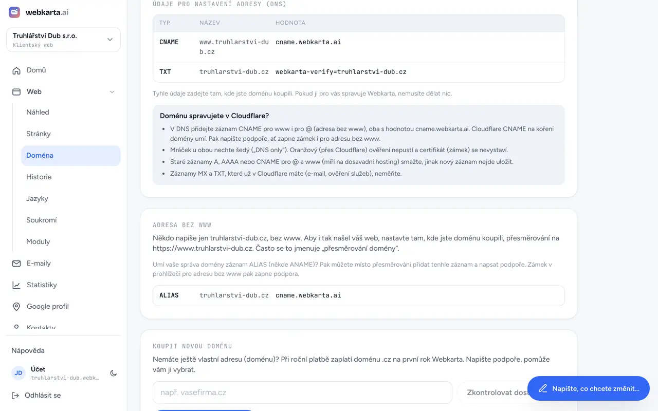 Zadejte údaje u registrátora