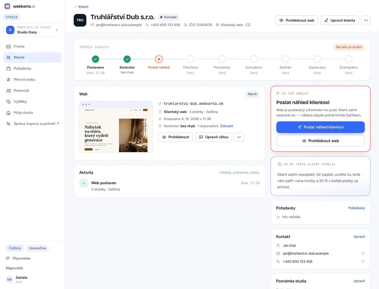Studio ve Webkartě: detail klienta s webem, požadavky a náhledem