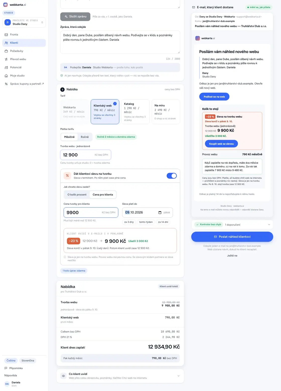 Poslání náhledu klientovi: cena tvorby a e-mail se odkazem